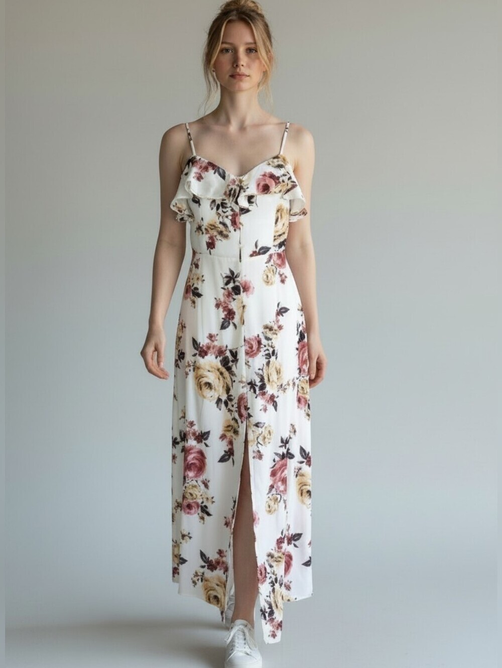 Band of Gypsies Semi Sheer Button Down Maxi Dress in White Floral Sz Large NWT